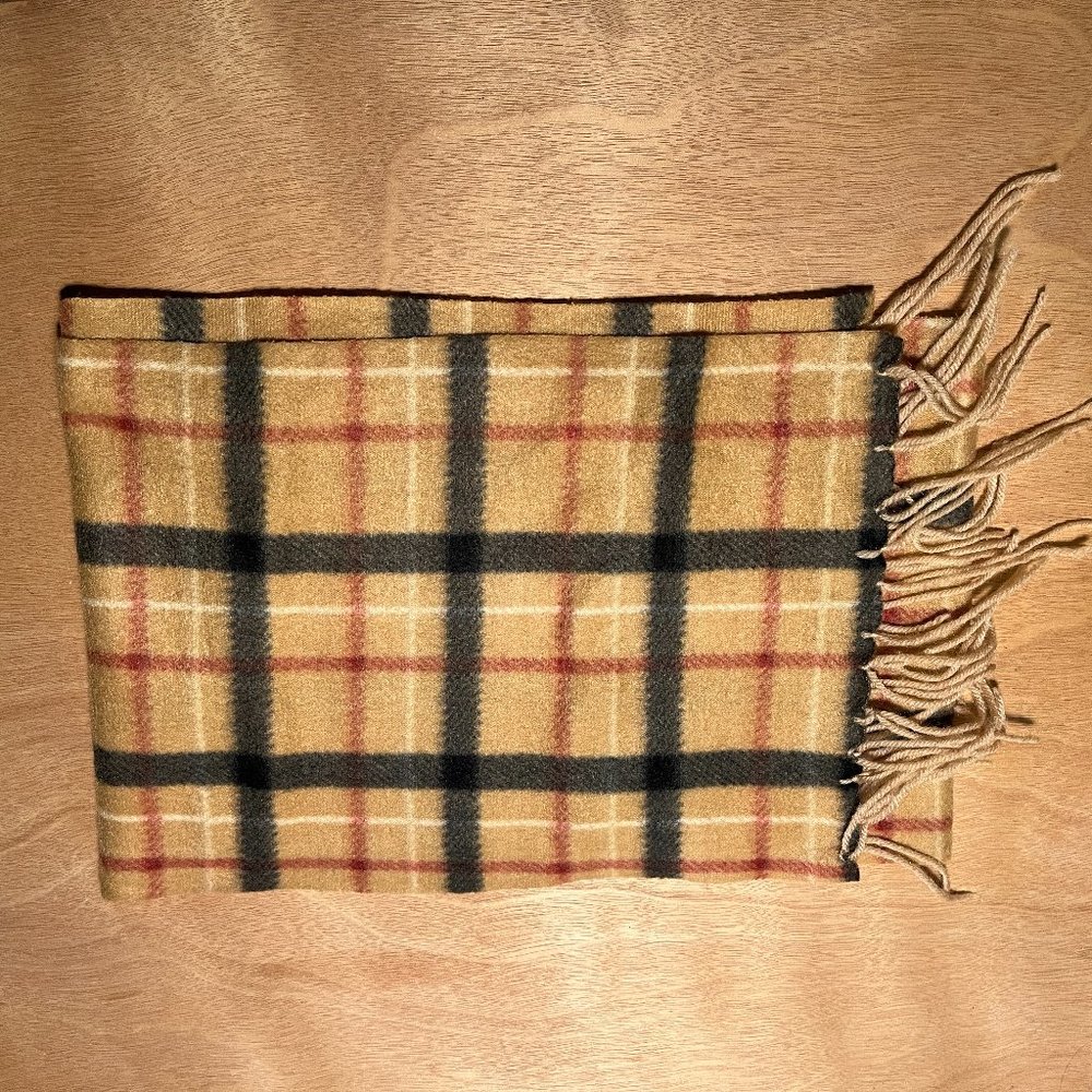 Beige Plaid 100% Polyester Thin Fleece Scarf with Fringe